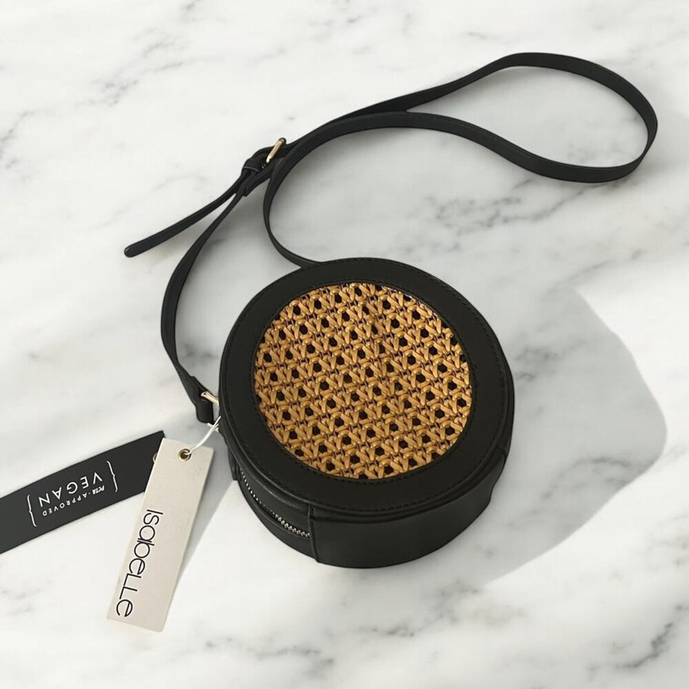 NEW WICKER Round Purse Vegan Leather Isabelle Crossbody Bag Black Tan 1488-5